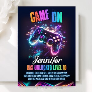 Video Game Party Invitation EDITABLE Level Up Girl's Birthday Invite Neon Glow Invite Gamer Boy's Template Arcade Party Family Night V1