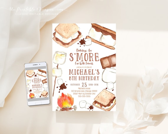 EDITABLE Smores Birthday Invitation Smores Bonfire Birthday Invite Backyard Camping S'more Fun Together Bonfire Party Instant Download SM Il_570xn