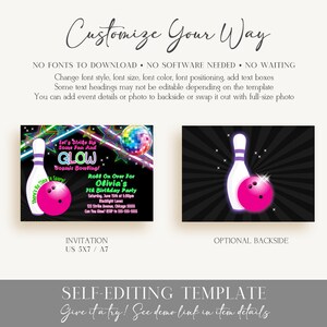 EDITABLE Girl's Glow Bowling Invitations, Bowling Birthday Party, Cosmic Bowling Invitations, Birthday Party Girls, Glow Party Neon Party B2 image 2