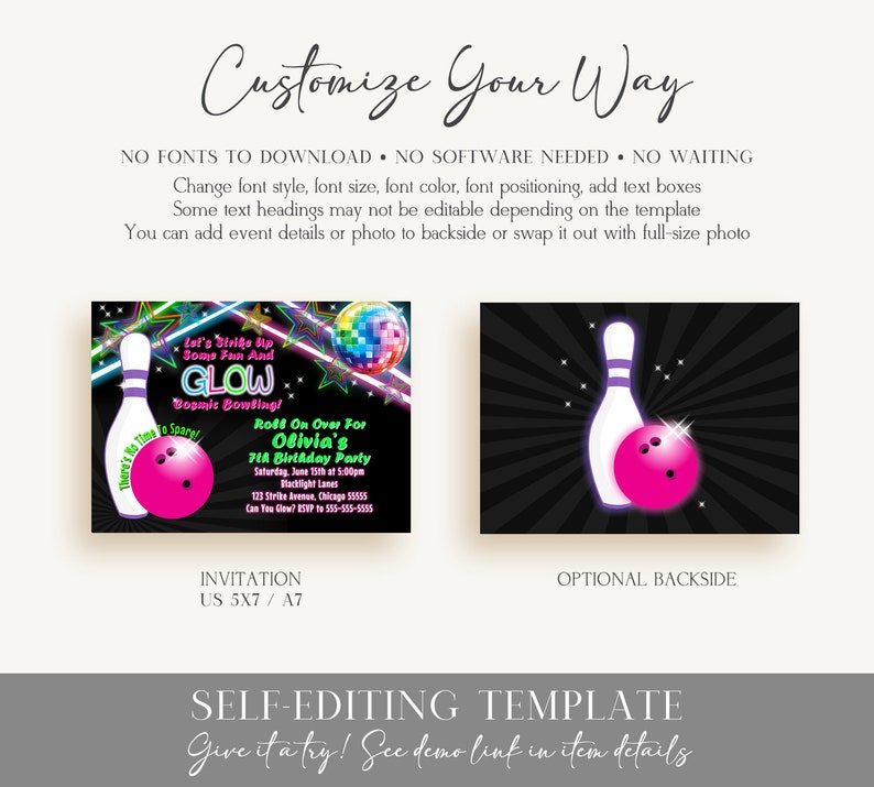 EDITABLE Girl's Glow Bowling Invitations, Bowling Birthday Party, Cosmic Bowling Invitations, Birthday Party Girls, Glow Party Neon Party B2 image 2