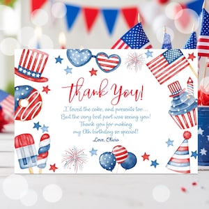 EDITABLE 4th of July Thank You Card Template, Patriotic Thank You Card, Fourth of July Birthday Party, Digital Thank You Corjl P2 P1