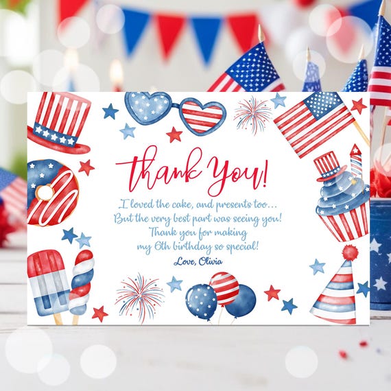 EDITABLE 4th of July Thank You Card Template, Patriotic Thank You Card, Fourth of July Birthday Party, Digital Thank You Corjl P2 P1