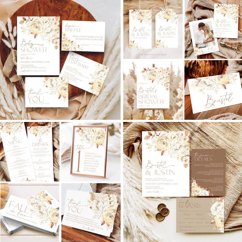 May include: A collection of wedding and event stationery with a floral design. The set includes invitations, thank you cards, menu cards, and table cards. The color palette is neutral with cream and brown tones.