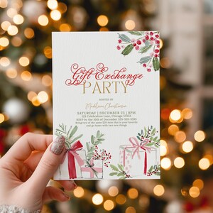 May include: A white rectangular invitation card featuring red and gold text that reads Gift Exchange PARTY. The design includes watercolor illustrations of red berries, green foliage, and wrapped gift boxes with pink and red ribbons.