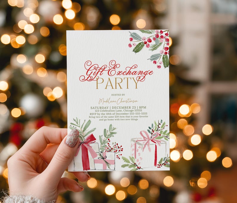 May include: A white rectangular invitation card featuring red and gold text that reads Gift Exchange PARTY. The design includes watercolor illustrations of red berries, green foliage, and wrapped gift boxes with pink and red ribbons.