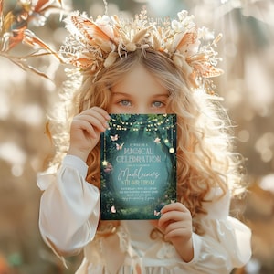 This woodland birthday invitation is showcased by a little girl in a floral crown, emphasizing the fairy garden birthday party theme. The enchanted forest invite includes glowing lanterns, butterflies, and fairy lights, perfect for a girls magical birthday celebration. Editable in Canva, this enchanted birthday invite is customizable for any age. A magical forest design perfect for woodland parties.