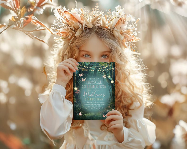 This woodland birthday invitation is showcased by a little girl in a floral crown, emphasizing the fairy garden birthday party theme. The enchanted forest invite includes glowing lanterns, butterflies, and fairy lights, perfect for a girls magical birthday celebration. Editable in Canva, this enchanted birthday invite is customizable for any age. A magical forest design perfect for woodland parties.