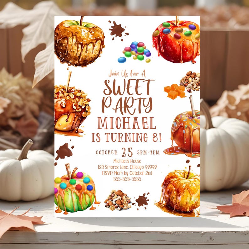 Editable Candy Apple Birthday Invitation Fall Caramel Apple Party ...