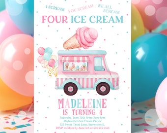 Ice Cream Truck 4th Birthday Invitation Canva Template Girl Summer Party I Scream You Scream Printable Four Ice Cream C3D