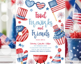 May include: A 4th of July party invitation with red, white, and blue decorations. The invitation says "Food, Fireworks and Friends" and includes details about the party, including the date, time, location, and RSVP information.