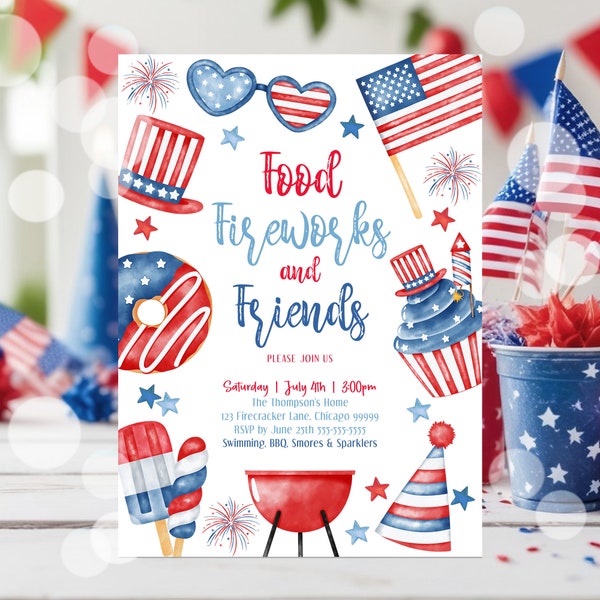 Editable 4th Of July BBQ Invitation Independence Day BBQ Barbeque Invitation July 4th BBQ Invite July Fourth Food Friend and Fireworks P2 P1