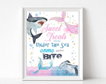 Sharks and Mermaids Sweet Treats Food Table Sign Mermaids and Sharks Sweet Treats Buffet Food Sign Sibling Birthday Come Take A Bite SH2