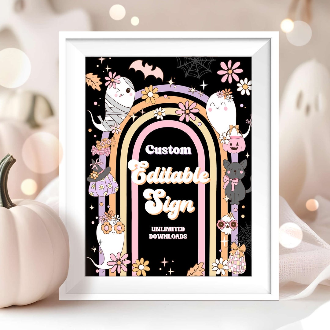 Editable Spooky Halloween Ghost Birthday Custom Sign Retro Groovy ...