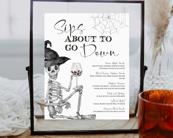 Halloween Party Bar Menu Template Printable Sips Going Down Drinks Sign Editable Skeleton Cocktail Menu List Cocktail Party Menu SK1