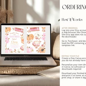 Ordering your Editable Pumpkin and Smores Birthday Invitation is simple with this step by step guide. A laptop displays the editable front and matching back of the pink pumpkin fall birthday invitation while the panel explains how to download from Etsy, edit in Canva, personalize your template, and print or share digitally. Perfect for shoppers looking for an easy printable birthday invitation.