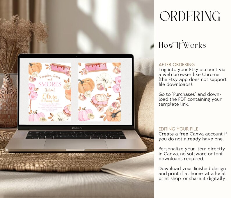 Ordering your Editable Pumpkin and Smores Birthday Invitation is simple with this step by step guide. A laptop displays the editable front and matching back of the pink pumpkin fall birthday invitation while the panel explains how to download from Etsy, edit in Canva, personalize your template, and print or share digitally. Perfect for shoppers looking for an easy printable birthday invitation.