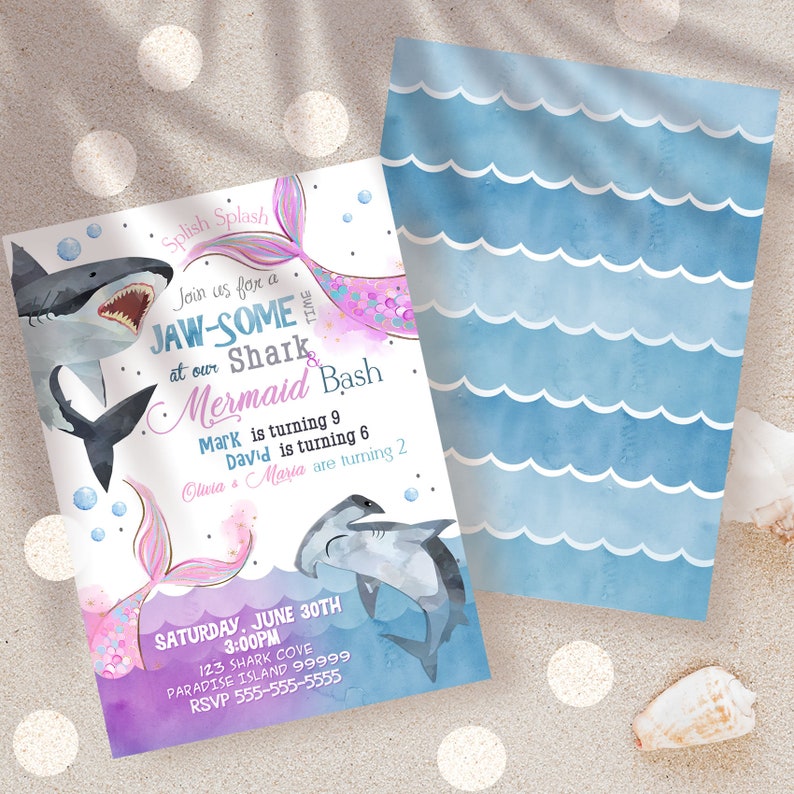EDITABLE Sharks and Mermaids Invitation, Sharks and Mermaids Birthday, Brother Sister Sibling Invite, Under the Sea Instant Download