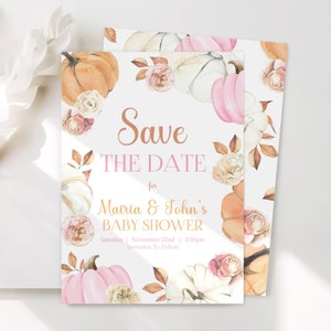 May include: Save the date card for a baby shower with a fall theme. The card features a watercolor illustration of pumpkins, flowers, and leaves in shades of pink, orange, and white. The text "Save the Date" is written in a pink font, and the text "for Mairia & John's Baby Shower" is written in a gold font. The date and time of the shower are listed below, along with the text "Invitation to Follow".