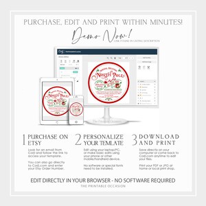 May include: A digital product advertisement featuring a computer, tablet, and smartphone displaying a Christmas-themed design. The design includes the text "North Pole" and instructions for purchase, personalization, and printing. The image also includes the text "Demo Now!"