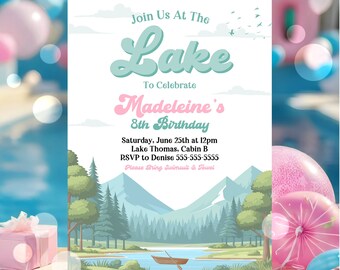 Girl's Lake Birthday Party Invitation Template Pink Boat Lake Birthday Party Summer Lake Water Party Join Us At The Lake Party Invite L4B