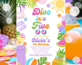 EDITABLE Dive Into Five 5th Birthday Party Invitation Tropical Summer Splish Splash Girly Pool Birthday Party Instant Download P7