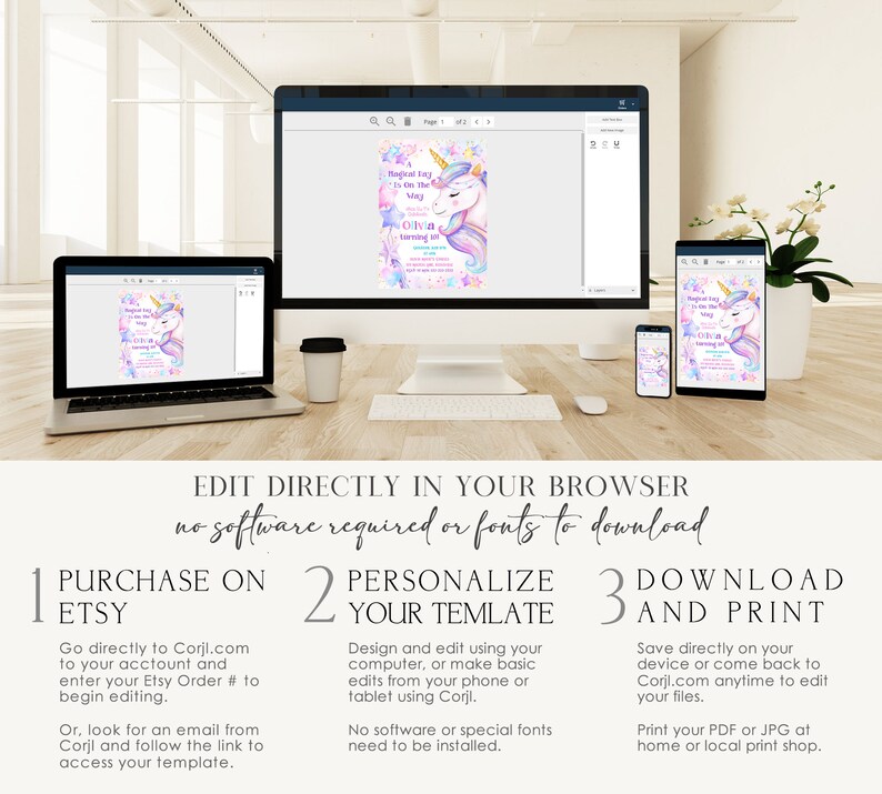 May include: A digital mockup of a printable invitation for a unicorn-themed birthday party. The invitation features a watercolor illustration of a unicorn with a rainbow mane and tail, surrounded by stars and glitter. The text on the invitation reads "A Magical Girl Is On The Way" and "Olivia is turning one". The invitation is displayed on a computer screen, a tablet, and a smartphone.