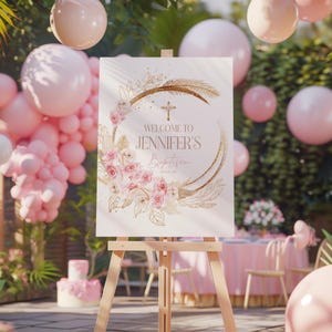 Girl Boho Christening Welcome Sign Pink Boho Floral Christening Welcome Poster Printable Baptism Welcome Sign Pink Beige Welcome PG1