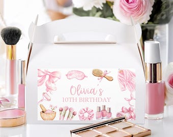 Redigerbar etikett för spa-födelsedagsgavellåda, rosa klistermärke för bortskämd fest, utskrivbar tackmall för spa-födelsedag, Canva SP3