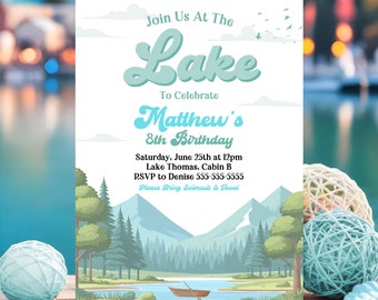 Lake Birthday Party Invitation Editable Boat Lake Birthday Party Summer Lake Water Party Join Us At The Lake Party Instant Download L1A