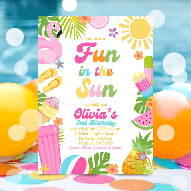 EDITABLE Fun In The Sun Birthday Party Invitation Tropical Summer Splish Splash Girly Pool Birthday Party Instant Download P5 image 4