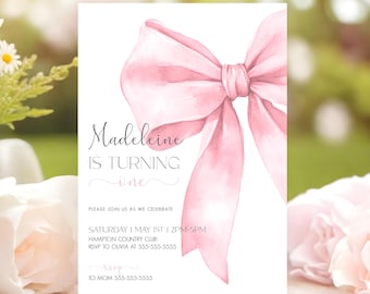Roze strik 1e verjaardagsuitnodiging Coquette babymeisje eerste verjaardag uitnodigen afdrukbare sjabloon voor feestuitnodiging Instant download Canva B4A