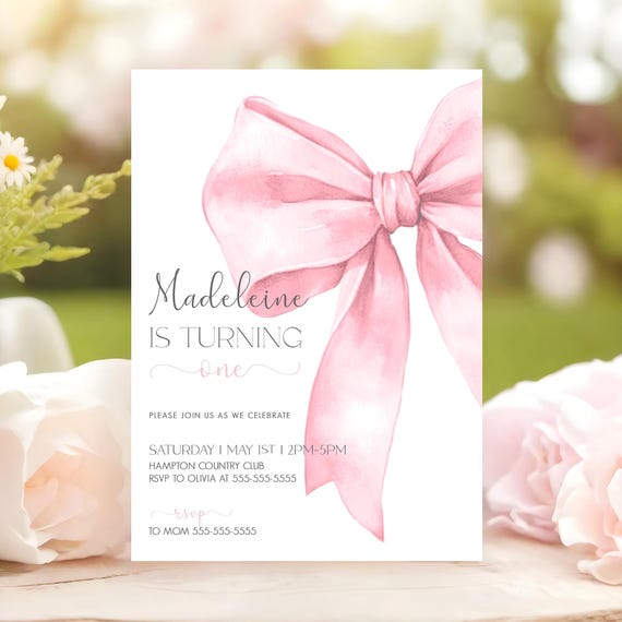Pink Bow 1st Birthday Invitation Coquette Baby Girl First Birthday Invite Printable Party Invite Template Instant Download Canva B4A