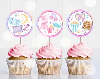 Pancakes and Pajamas Slumber Party Cupcake Toppers Printable Slumber Party Favor Tags Girl Birthday Decoration Pajamas Instant Download SO1