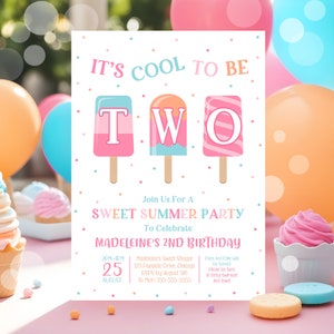 May include: A colorful invitation for a 2nd birthday party with a summer theme. The invitation features a popsicle design with the words "It's Cool To Be Two" and a sweet summer party to celebrate Madeleine's 2nd birthday. The invitation includes the date, time, and location of the party.
