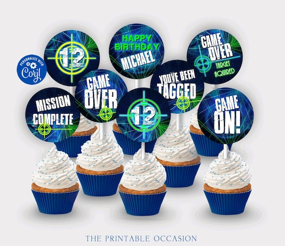 EDITABLE Laser Tag Cupcake Toppers, Laser Tag Cupcake Toppers, Laser Tag Birthday Party Favor, Instant Download Glow Party Gamer Party Il_570xn
