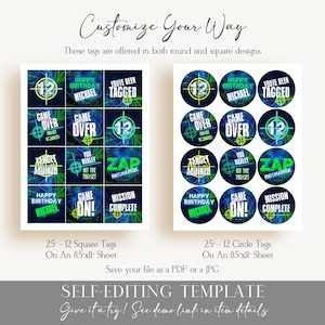 May include: A digital template featuring 12 square and 12 circular tags on 8.5" x 11" sheets. The designs feature a dark blue background with green laser light patterns, crosshair graphics, and text including "Happy Birthday Michael," "Game Over," and "Mission Complete."