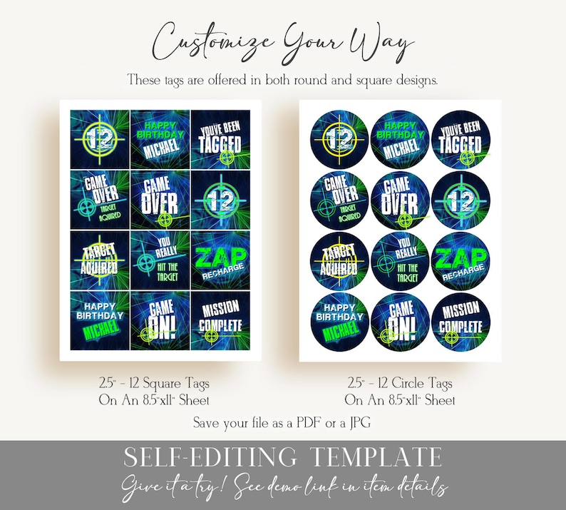 May include: A digital template featuring 12 square and 12 circular tags on 8.5" x 11" sheets. The designs feature a dark blue background with green laser light patterns, crosshair graphics, and text including "Happy Birthday Michael," "Game Over," and "Mission Complete."