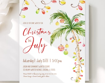 Tropical Christmas Invitation Christmas In July Invitation Tropical Christmas Party Printable Palm Tree Holiday Invitation Beach Corjl TC1