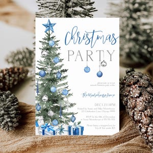 Christmas Party Invitation Template Blue Silver Christmas Tree Evite Editable Work Party Invite Printable Christmas Digital Invite Canva T2A