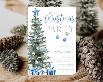 Christmas Party Invitation Template Blue Silver Christmas Tree Evite Editable Work Party Invite Printable Christmas Digital Invite Canva T2A