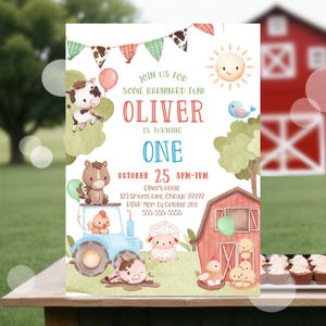 May include: A colorful invitation for a first birthday party with a farm theme. The invitation features a tractor, a pig, a sheep, a chicken, and a barn. The text on the invitation reads "Join us for some barnyard fun! Oliver is turning one. October 25, 5pm-7pm. Oliver's House, 123 Smores Lane, Chicago 99999. RSVP Mom by October 2nd, 555-555-5555."