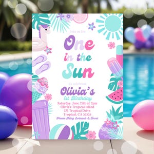 Editable One In The Sun 1st Birthday Party Invitation Tropical Summer Splish Splash Girly 1st Birthday Party Pool Party Instant Download P6