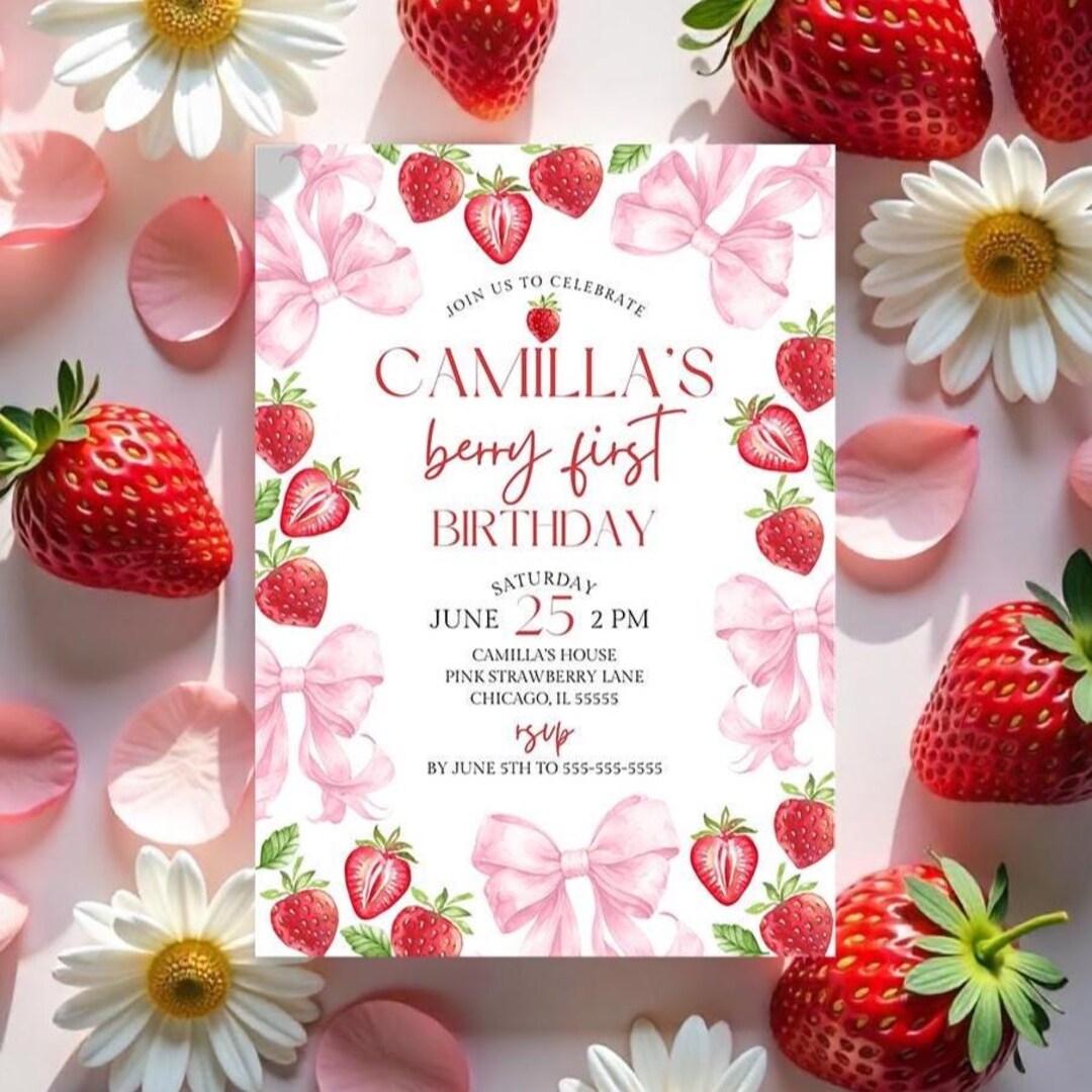 Editable Strawberry First Birthday Invitation Pink Bow Berry First ...