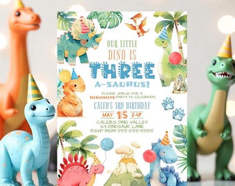 Editable Three Rex Boy Birthday Invitation Template Dinosaur 3rd Birthday Canva Invite Dino Party Digital Printable Invite Dino Birthday D2