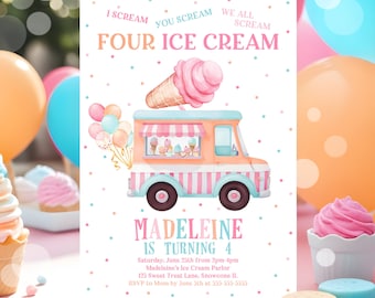 Ice Cream Truck Birthday Invitation Template Ice Cream 4th Birthday Party Invite Editable Girly Ice Cream Truck Canva Instant Download C3B