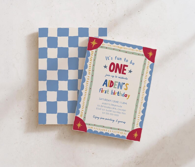 Displayed across a scattered arrangement of matching birthday cards, this Fun To Be One invitation features colorful retro typography, hand drawn details, and whimsical border accents. Several cards reveal the coordinating checkerboard photo back with a custom child portrait. The playful layout highlights both front and back designs. The stationery is arranged on a clean neutral backdrop with soft shadows and depth.