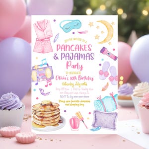 Bearbeitbare Pfannkuchen und Pyjamas Einladung Sleepover Birthday Party Vorlage Mädchen Slumber Party Invite Pancake Party Printable Canva SO1
