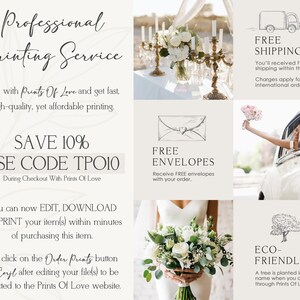 May include: A white graphic with text that says "Professional Printing Service" and "Save 10% Use Code TP010". The graphic also includes images of a wedding bouquet, a white envelope with a heart, a white car, and a tree.