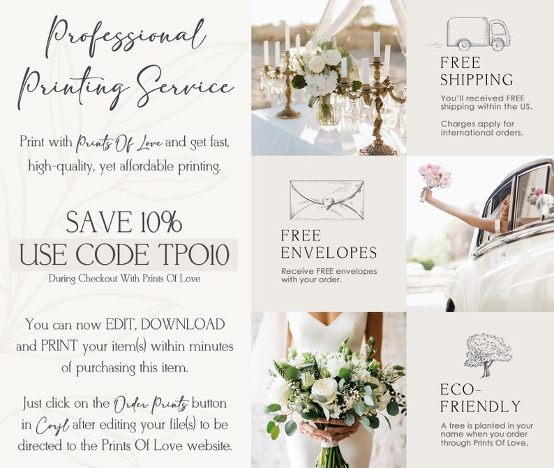 May include: A white graphic with text that says "Professional Printing Service" and "Save 10% Use Code TP010". The graphic also includes images of a wedding bouquet, a white envelope with a heart, a white car, and a tree.