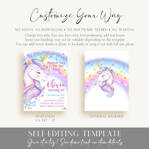 Unicorn Birthday Invitation Rainbow Unicorn Party Gold Glitter Pink Girl Magical Day Invites Digital Editable Printable Download UN1 image 4
